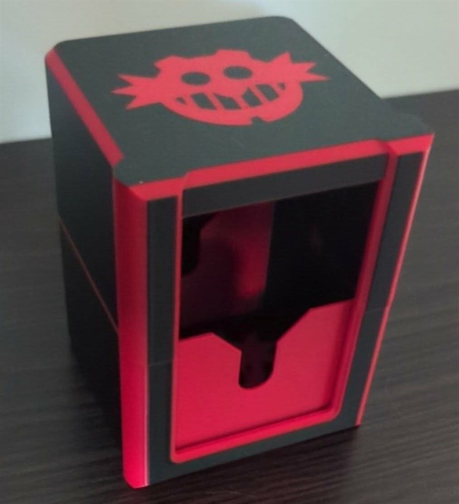 A black and red deck box with a custom Eggman emblem set into the lid